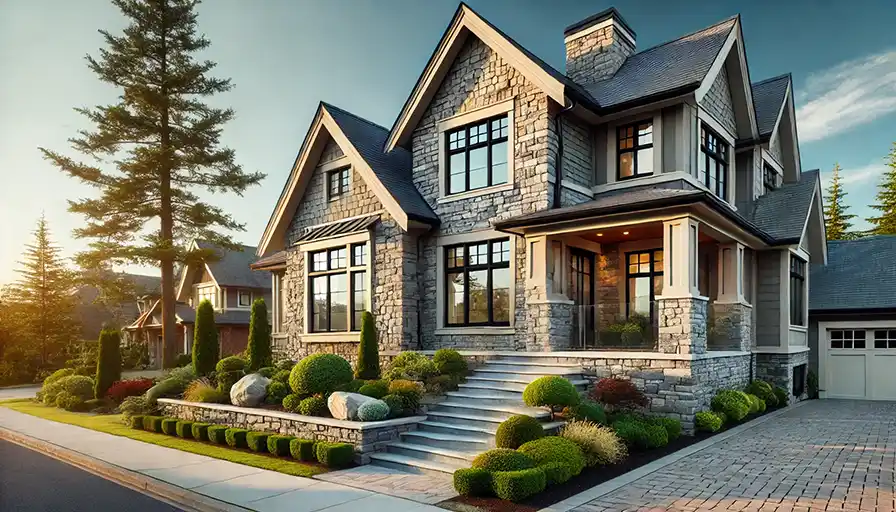 High-quality stone veneer siding on a modern home, installed by Edmonton siding specialists.