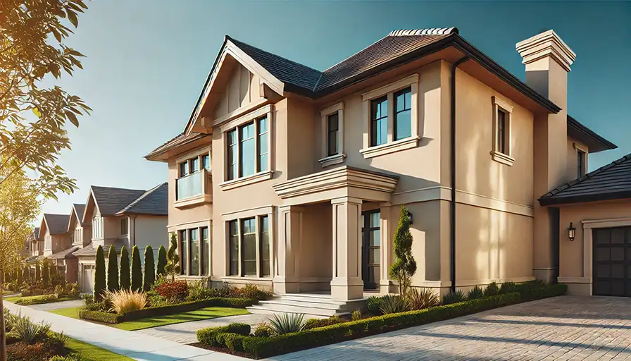 Stucco siding installation on a contemporary home, crafted by Edmonton siding specialists.