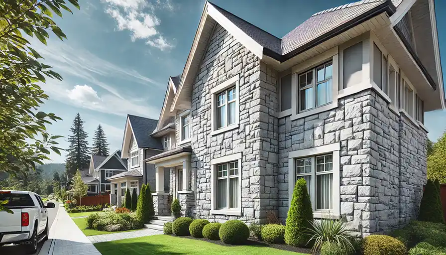 Stone veneer siding project by Edmonton siding experts, blending durability with sophistication.