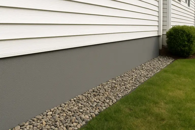 Clean and professional parging application on a home’s foundation, completed by Edmonton siding specialists.
